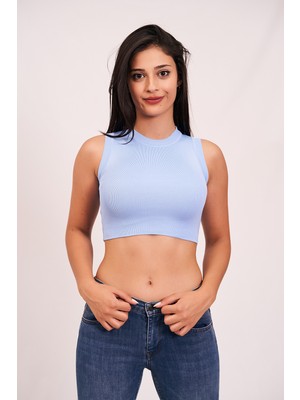 Bomestida Kadın Bebe Mavi Bisiklet Yaka Triko Crop Bluz