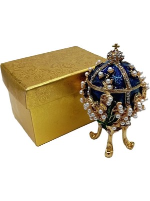 Dünyadan Hediyeler Faberge Yumurta Swarovski Taşlı Lüks Mücevher Kutusu Mavi 8 cm