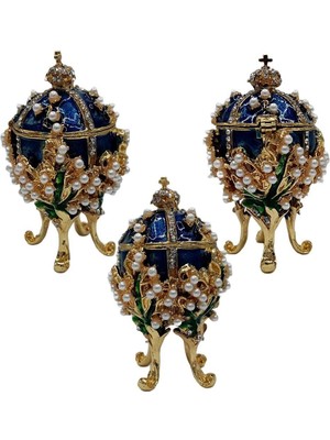 Dünyadan Hediyeler Faberge Yumurta Swarovski Taşlı Lüks Mücevher Kutusu Mavi 8 cm