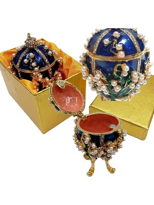 Dünyadan Hediyeler Faberge Yumurta Swarovski Taşlı Lüks Mücevher Kutusu Mavi 8 cm