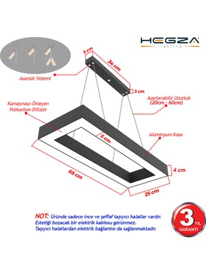 Hegza Lighting Mesita (Siyah Kasa, Sarı Işık) Ledli Sarkıt Modern LED Avize