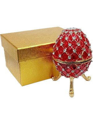 Dünyadan Hediyeler Faberge Yumurta Swarovski Taşlı Lüks Mücevher Kutusu Kırmızı 10 cm