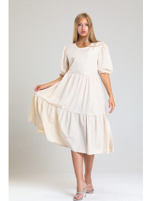 Sense Kısa Kollu Kol Ucu Lastikli Fırfırlı Günlük Elbise | ELB34255 Bej