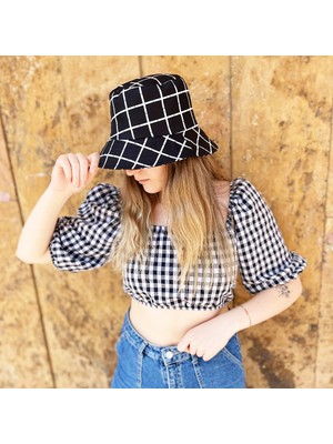 Populus Siyah Kare Desenli Balıkçı Şapka (Bucket Şapka)