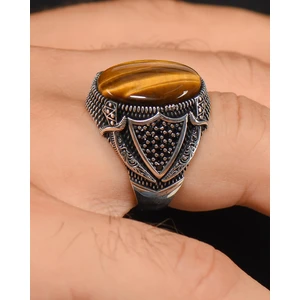 Gümüş 925 Ayar Gümüş Erkek Yüzüğü Kaplangözü Taşlı Kılıç Kalkan Figürlü