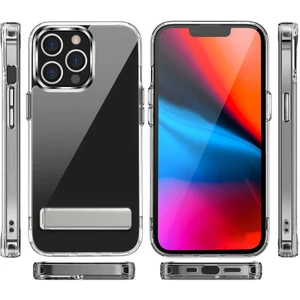 Case 4U Apple iPhone 14 Pro Max Kılıf Standlı Darbe Koruyucu Silikon L-Stand SGS Sertifikalı Arka Kapak Şeffaf
