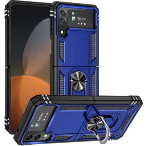 Case 4U Samsung Galaxy Z Flip 4 Uyumlu Kılıf Çift Katmanlı Yüzüklü Manyetik Vega Kapak Lacivert