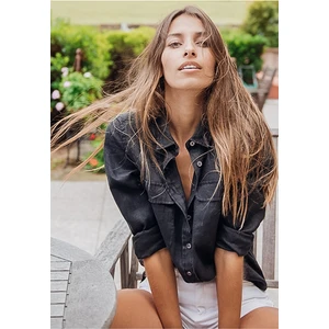 Piola Club Relax Fit Linen Keten Siyah Kadın Gömlek