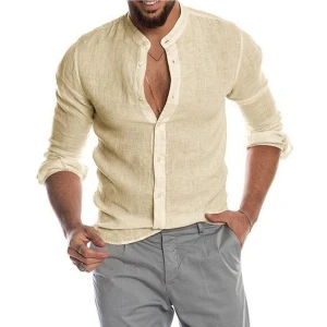 Piola Club Hakim Yaka Keten Sarı Erkek Gömlek Günlük Stil Truvakar Kol Desenli