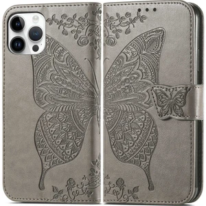 Iphone 14 Pro Max (Gray) Için Kelebek Kabartma Deri Kılıf (Yurt Dışından)