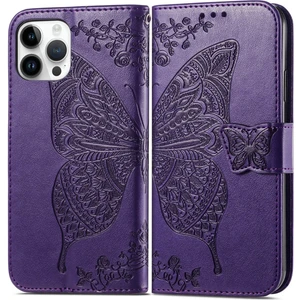 Iphone 14 Pro Max (Dark Purple) Için Kelebek Kabartma Deri Kılıfı (Yurt Dışından)