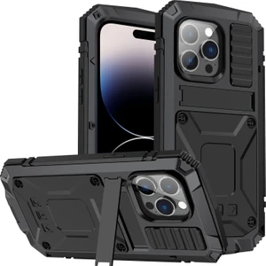 Iphone 14 Pro Max (Siyah) Için Tutucu ile R-Şok Geçirmez Su Geçirmez Toz Korumalı Kasa
