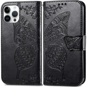 Iphone 14 Pro Max (Siyah) Için Kelebek Kabartma Deri Kılıf