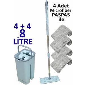 Microfiber Tablet Mop 4 Paspaslı Temizlik Seti 4+4=8 Litre Kova ile Metal Sap 4 Adet Paspas Komple