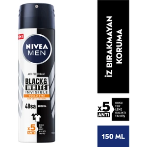 NIVEA Men Erkek Sprey Deodorant Black&White Invisible Güçlü Etki 150ml; Ter ve Ter Kokusuna Karşı 48 Saat Anti-perspirant ; İz Bırakmayan Formül