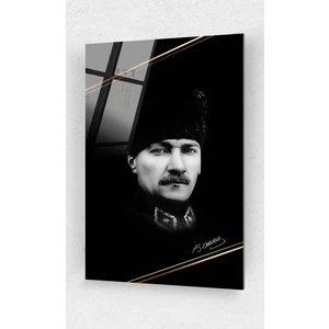 Assos Design Art Siyah - Beyaz Mustafa Kemal Atatürk Siyah - Beyaz Kalpak ve Üniformalı Cam Tablo 10 Kasım Atatürk Tablo