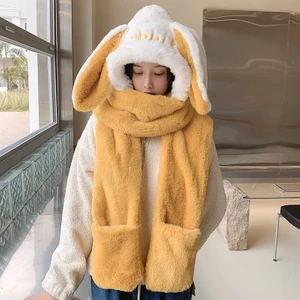 Şapka Takımı Eşarp Eldiven Şapka Kışlık Sıcak 3 Adet Set Tavşan Kulağı Peluş Kap (Yurt Dışından)