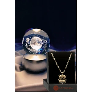 Satürn Temalı Işıklı 3D LED Işıklı Cam Küre ve Panda Kolye