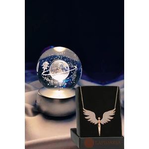 Satürn Temalı Işıklı 3D LED Işıklı Cam Küre ve Melek Kolye