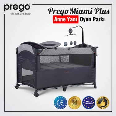 Prego Miami Plus Anne Yanı Oyun Parkı 70X120 cm Gri Tekerlekli Portatif Kullanım