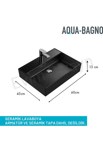 Aqua Bagno "plan" Tezgah Üstü Kare Çanak Lavabo ,60 x 45 Cm.,mat Siyah