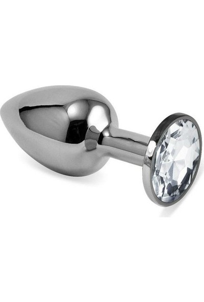 Hizliexpress Gümüş Metal Beyaz Taşlı Lüks Orta Boy Anal Plug 8,2 CM