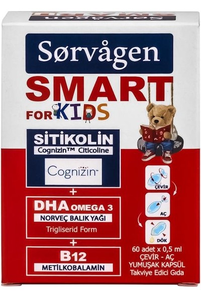 Sorvagen Smart Kids (Çocuklar Için) Sitikolin, Dha Omega 3 Norveç Balık Yağı, B12 60 Kapsül