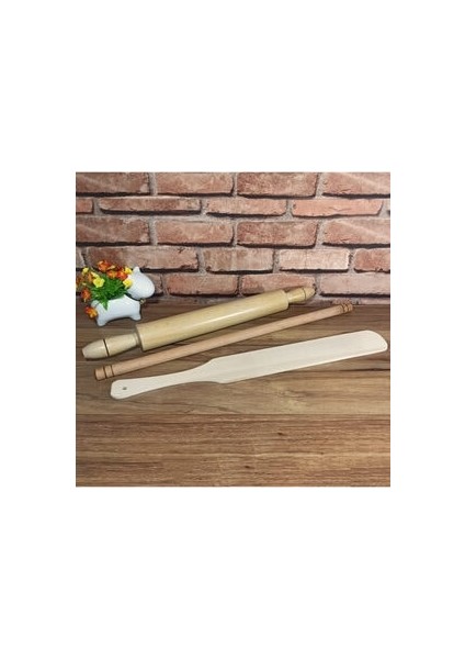 Ahşap Tahta Orta Merdane + Tahta Büyük Çevirici + Kısa Oklava (3lü Set)