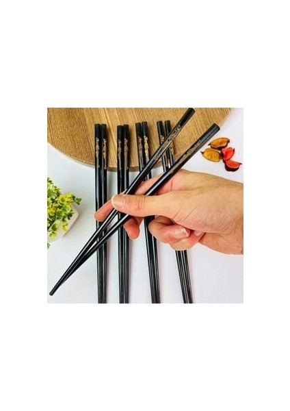 Özel Siyah Desenli 5 Çift Bambu Chopstick Çin Çubuğu