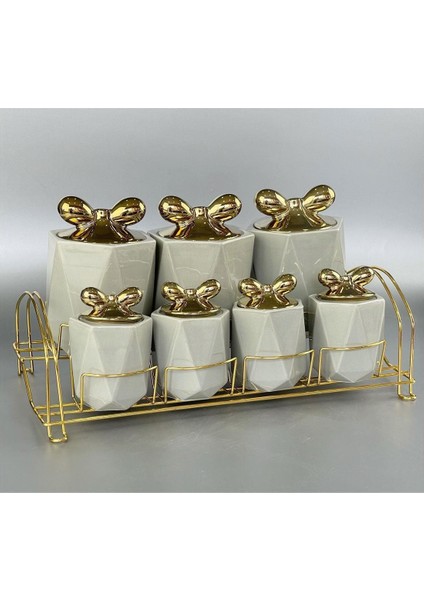 Lüx Porselen Fiyonk Gold Kapaklı 7 Li Baharat Takımı Gri