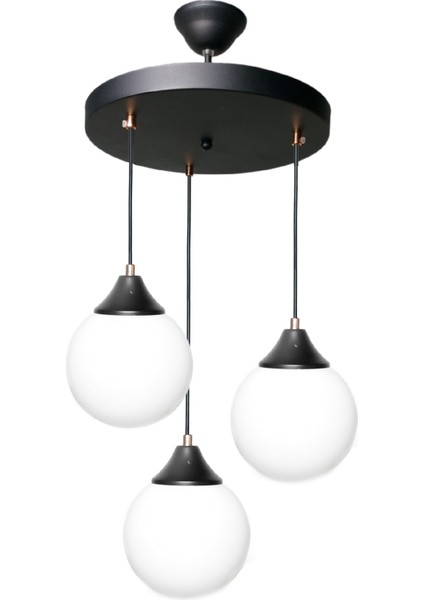 3 Camlı Siyah Renk Beyaz Cam Salon Mutfak Avize