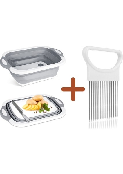 Katlanabilir Plastik Leğen ve Eşit Şekilde Sebze Dilimleme Aleti Aparatı Seti-