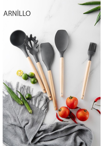 5 Parça Siyah Silikon Uçlu Ahşap Saplı Yemek Hazırlık ve Pişirme Seti