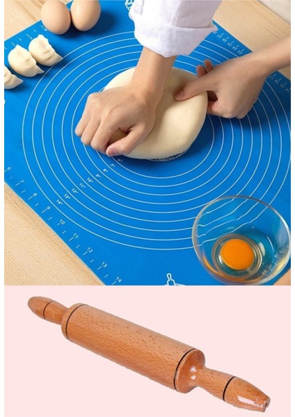 2 Li Set 45X65 cm Silikon Hamur Açma Matı - 48 cm Ahşap Cilalı Merdane - Pratik Hamur Açma Seti