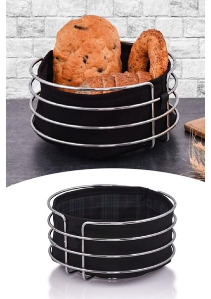 Yuvarlak Metal Gümüş Krom Ekmeklik Siyah Kumaş Lux Dekoratif Ekmek Sepeti