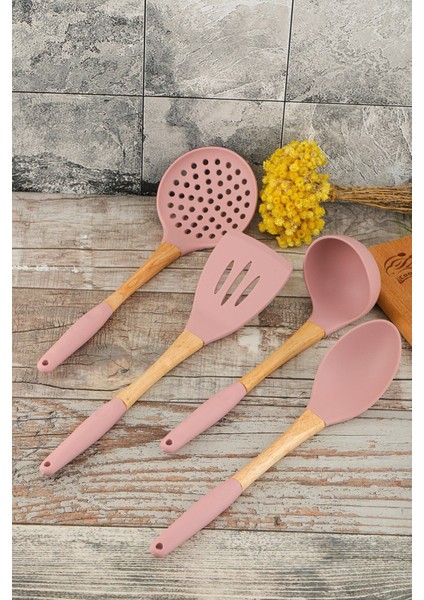 4 Parça Pembe Bambu Saplı Silikon Mutfak Servis Spatula Kaşık Kevgir Kepçe Seti