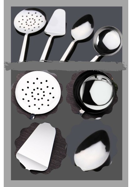 Lüx Paslanmaz Çelik Kepçe Kevgir Kaşık Spatula Servis Takımı 4'lü Kararmaz Paslanmaz - 30 cm ERS1656