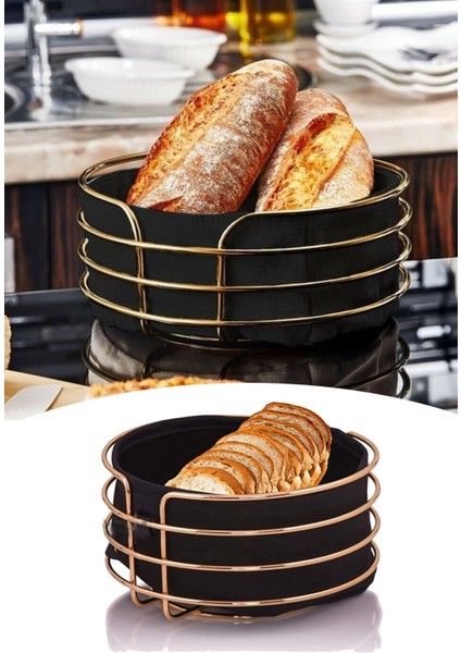 Yuvarlak Metal Gold Ekmeklik Siyah Kumaş Lux Dekoratif Ekmek Sepeti