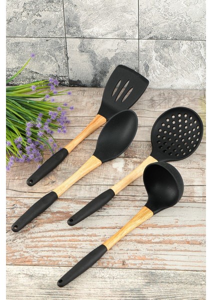 4 Parça Siyah Bambu Saplı Silikon Mutfak Servis Spatula Kaşık Kevgir Kepçe Seti
