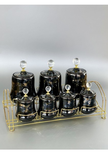 Lüx Porselen Kristal Taşlı 7 Li Standlı Baharat Takımı Siyah