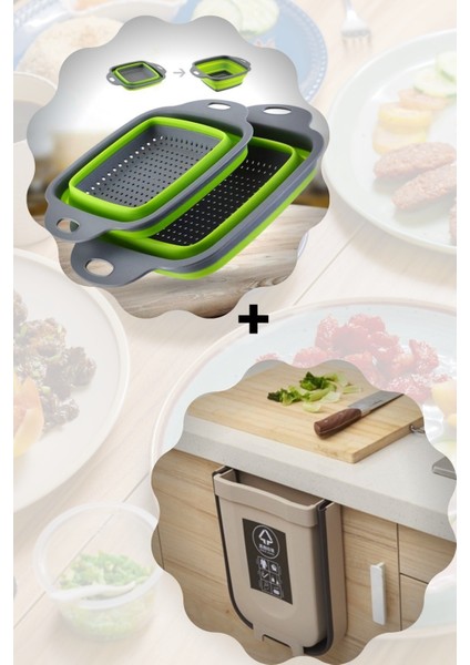 Katlanabilir Kare Süzgeç + Kaanabilir, Taşınabilir Tezgah Çöp Kutusu