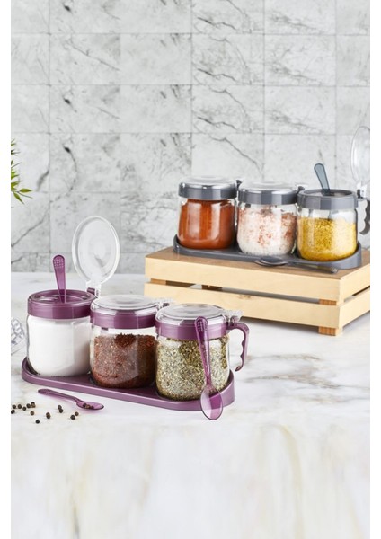 Lüx 3'lü Standlı Kaşıklı Baharaık Seti Mor Veya Pembe