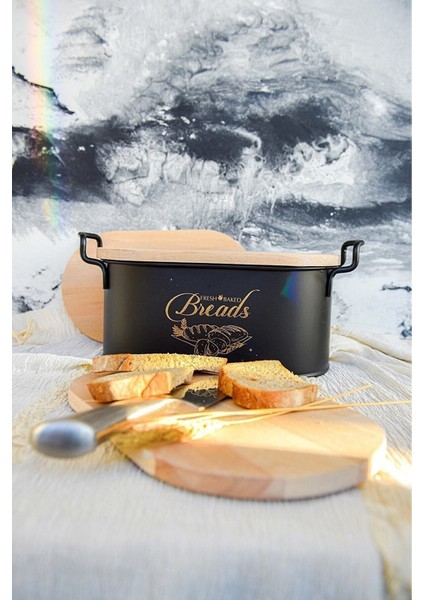 Bambu Kapaklı Lüx Metal Ekmek Saklama Kutusu Siyah