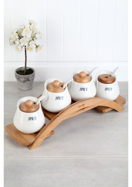 Bambu Standlı ve Kapaklı Lüx 13 Parça Porselen Baharat Takımı