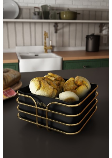 Ekmeklik Ekmek Sepeti Çok Amaçlı Metal Kutu Lüx Gold Paslanmaz Sepet Siyah Kumaş
