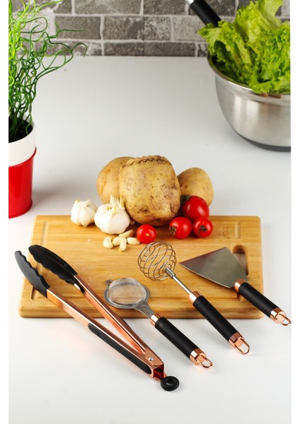 4 Adet Pratik Mutfak Seti - Süzgeç - Spatula - Köpürtücü - Maşa