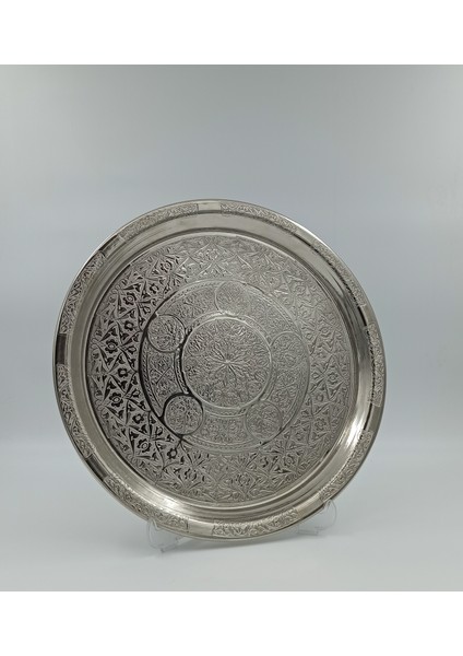 Bakır Tepsi Yuvarlak Desenli 34 cm Gümüş