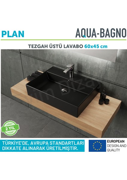 Aqua Bagno "plan" Tezgah Üstü Kare Çanak Lavabo ,60 x 45 Cm.,mat Siyah