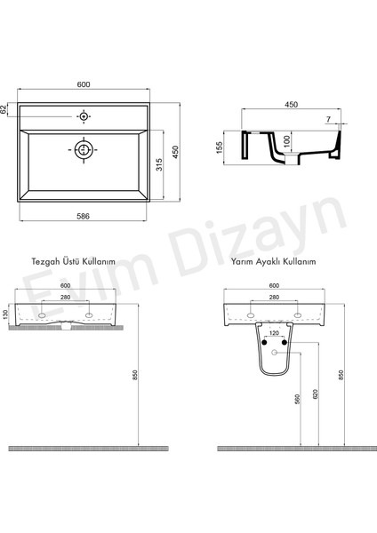 Aqua Bagno "plan" Tezgah Üstü Kare Çanak Lavabo ,60 x 45 Cm.,mat Siyah