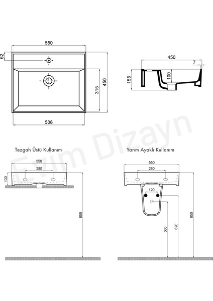 Aqua Bagno "plan" Tezgah Üstü Kare Çanak Lavabo , 55 X45 Cm.  Beyaz